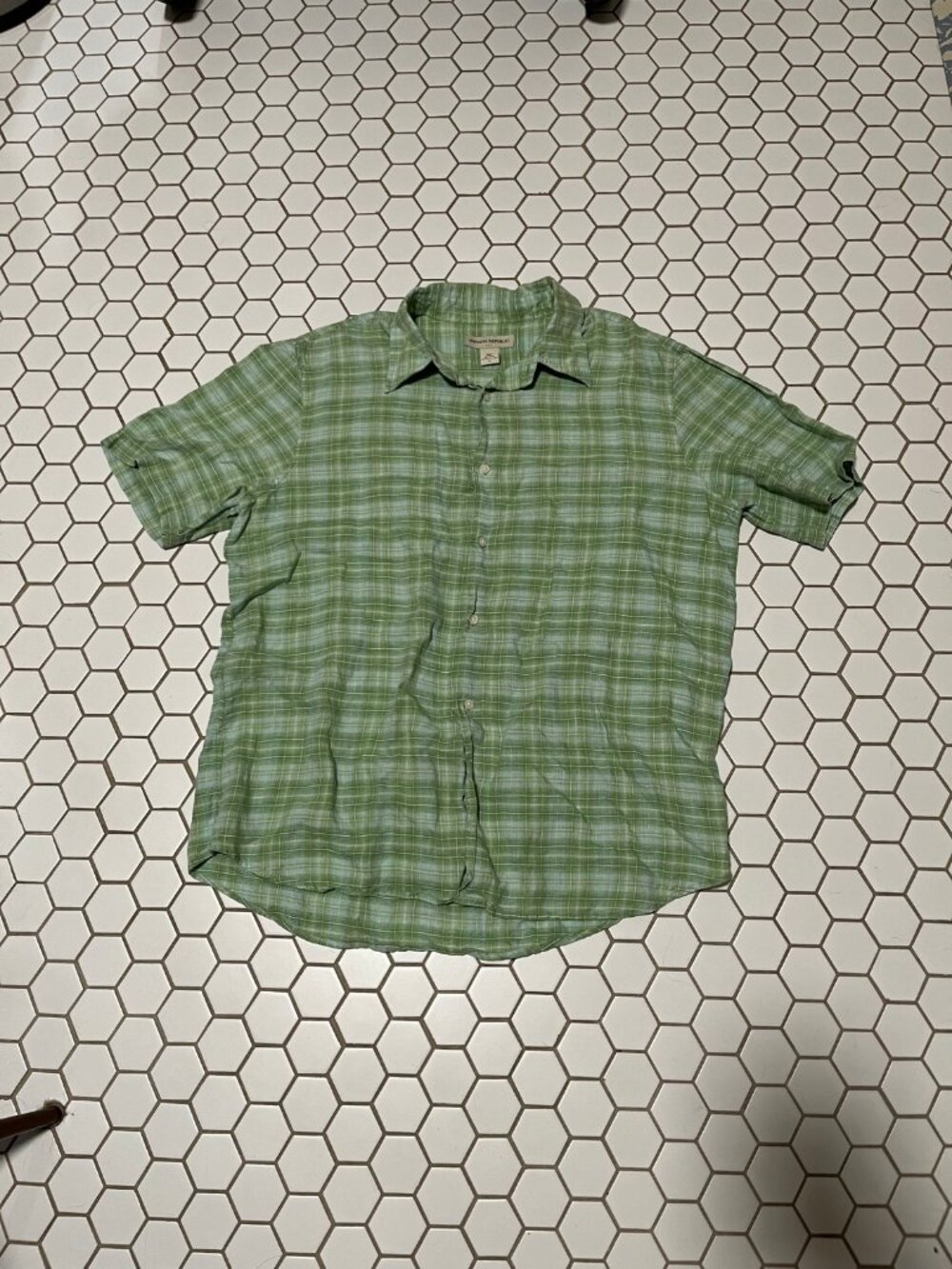 Banana Republic Mens Green Plaid Linen Shirt XL Short Sleeve